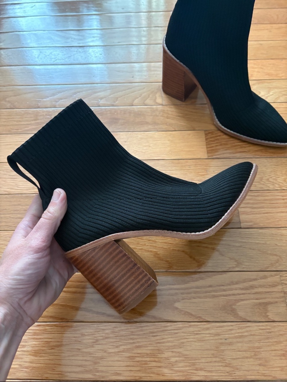Steven By Steve Madden Black Knit Sock Ankle Boots with Brown Block Heel - Picture 5 of 10